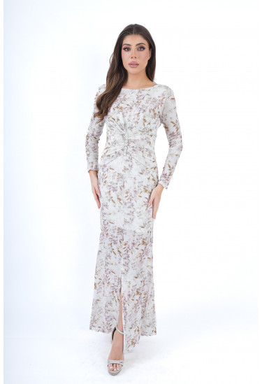 فستان سهرة طويل بطباعات زهرية و قصة أنيقة 