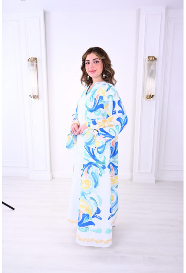 جلابيه نسائي طويله بطباعات ملونه