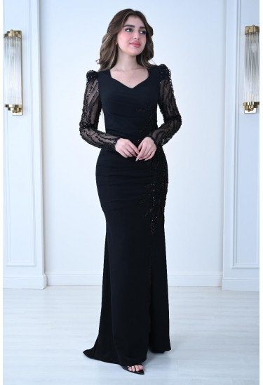 فستان سهرة أسود أنيق بأكمام شفافة مطرزة