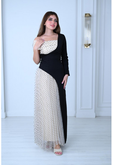 فستان سهرة أنيق بتصميم نصفين متناسقين منقّط وسادة فستان سهرة أنيق بتصميم نصفين متناسقين منقّط وسادة