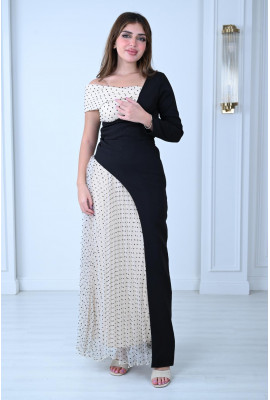 فستان سهرة أنيق بتصميم نصفين متناسقين منقّط وسادة