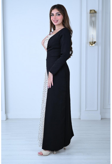 فستان سهرة أنيق بتصميم نصفين متناسقين منقّط وسادة فستان سهرة أنيق بتصميم نصفين متناسقين منقّط وسادة