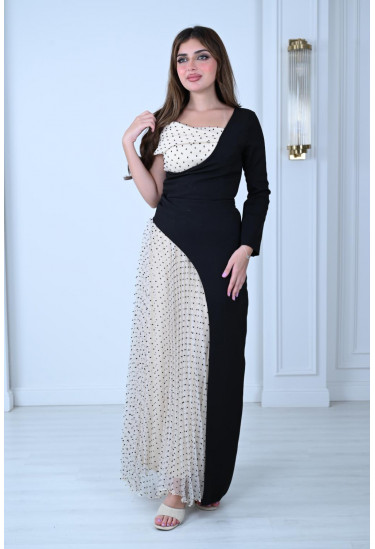 فستان سهرة أنيق بتصميم نصفين متناسقين منقّط وسادة فستان سهرة أنيق بتصميم نصفين متناسقين منقّط وسادة