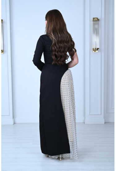 فستان سهرة أنيق بتصميم نصفين متناسقين منقّط وسادة فستان سهرة أنيق بتصميم نصفين متناسقين منقّط وسادة