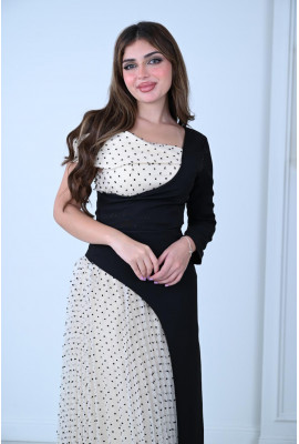 فستان سهرة أنيق بتصميم نصفين متناسقين منقّط وسادة