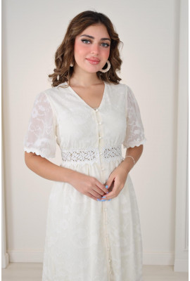 فستان دانتيل  أنيق بأكمام قصيرة وتصميم ناعم