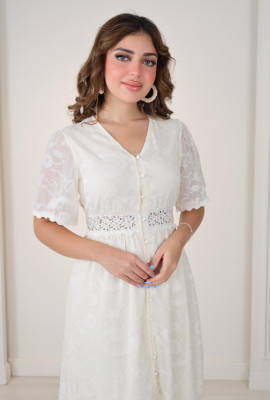 فستان دانتيل  أنيق بأكمام قصيرة وتصميم ناعم