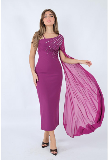 فستان  ملكي بكتف واحد وذيل شفاف 