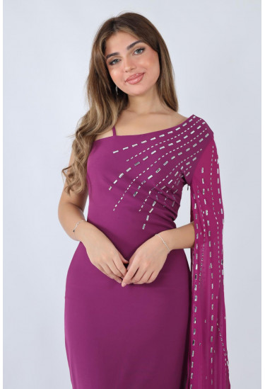 فستان  ملكي بكتف واحد وذيل شفاف 