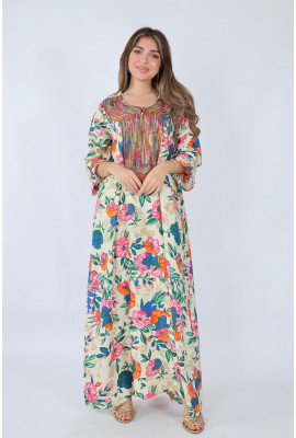 جلابية صيفية مطبوعة بالزهور مع تطريز ملون فاخر