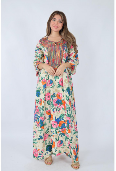 جلابية صيفية مطبوعة بالزهور مع تطريز ملون فاخر جلابية صيفية مطبوعة بالزهور مع تطريز ملون فاخر