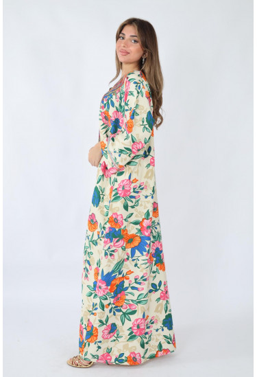 جلابية صيفية مطبوعة بالزهور مع تطريز ملون فاخر جلابية صيفية مطبوعة بالزهور مع تطريز ملون فاخر