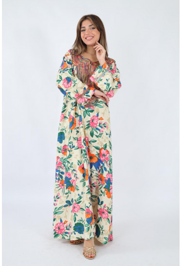 جلابية صيفية مطبوعة بالزهور مع تطريز ملون فاخر جلابية صيفية مطبوعة بالزهور مع تطريز ملون فاخر