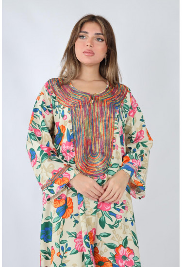 جلابية صيفية مطبوعة بالزهور مع تطريز ملون فاخر جلابية صيفية مطبوعة بالزهور مع تطريز ملون فاخر