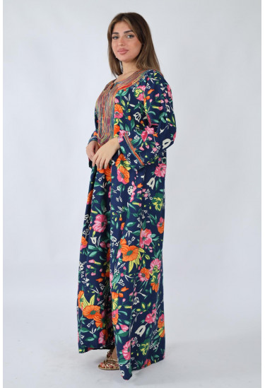 جلابية صيفية مطبوعة بالزهور مع تطريز ملون فاخر جلابية صيفية مطبوعة بالزهور مع تطريز ملون فاخر