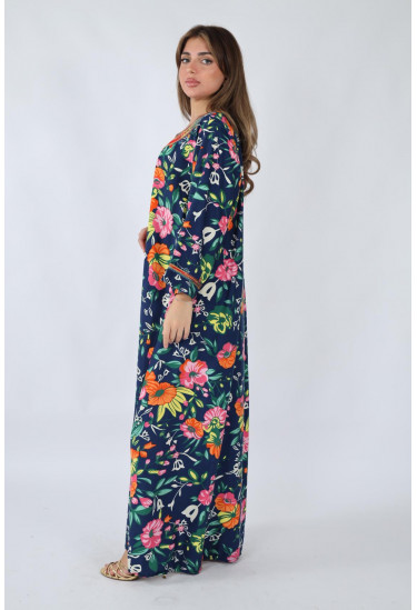 جلابية صيفية مطبوعة بالزهور مع تطريز ملون فاخر جلابية صيفية مطبوعة بالزهور مع تطريز ملون فاخر