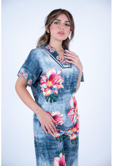 طقم نسائي كاجوال واسع بطبعة زهور استوائية