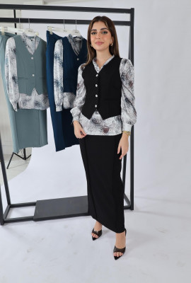 طقم رسمي أنيق بفيست كلاسيك وتنورة طويلة