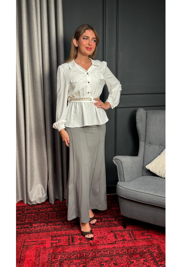 بلوزة أنيقة مع رباط خصر مزخرف بلوزة أنيقة مع رباط خصر مزخرف