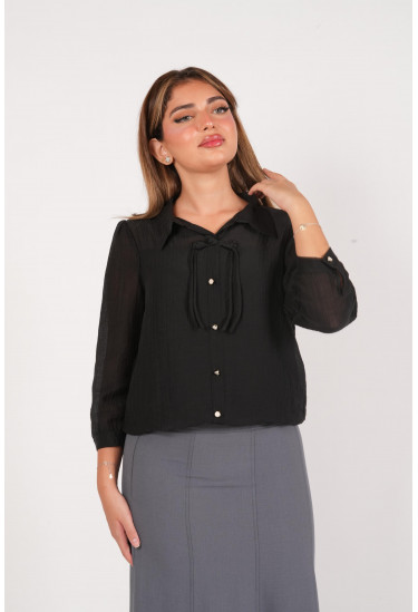 بلوزة  أنيقة بياقة كلاسيكية وربطة ناعمة