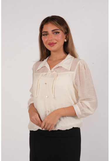 بلوزة  أنيقة بياقة كلاسيكية وربطة ناعمة