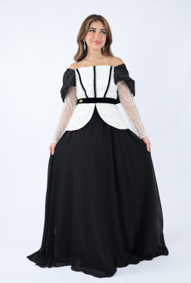 فستان كلاسيكي بأكمام شفافة وتصميم أنيق