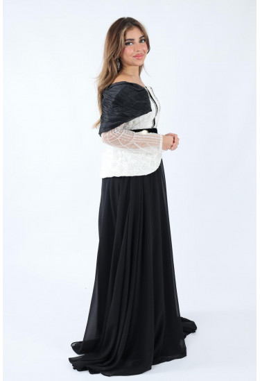 فستان كلاسيكي بأكمام شفافة وتصميم أنيق