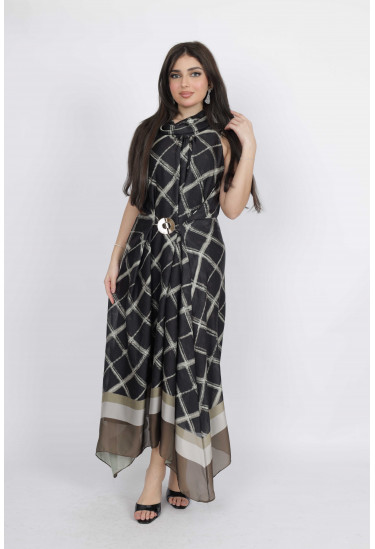 فستان شيفون بنقشة هندسية وحزام أنيق فستان شيفون بنقشة هندسية وحزام أنيق