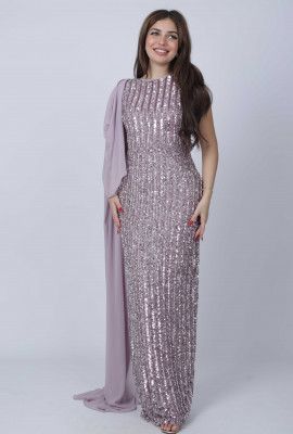 فستان سهرة لامع بوشاح شيفون طويل