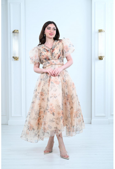 فستان ميدي نسائي بأكمام منفوخة