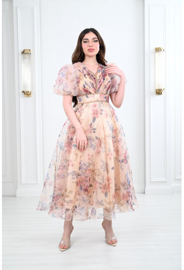 فستان ميدي نسائي بأكمام منفوخة