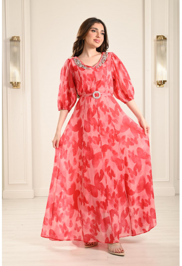 فستان طويل بطباعات ناعمة فستان طويل بطباعات ناعمة