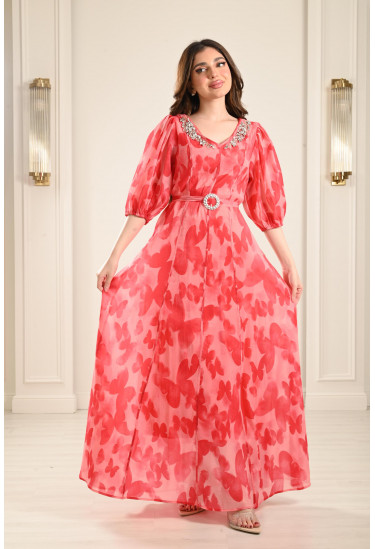 فستان طويل بطباعات ناعمة فستان طويل بطباعات ناعمة