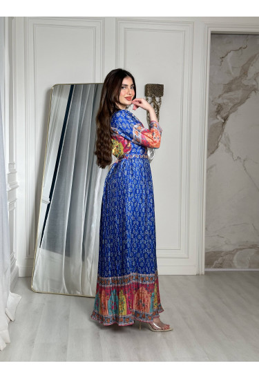 فستان ستان طويل بطباعات ذاهية