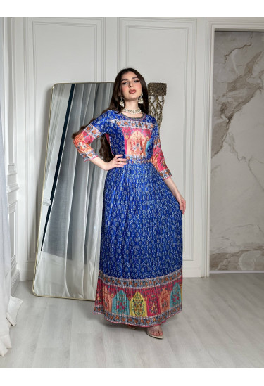 فستان ستان طويل بطباعات ذاهية