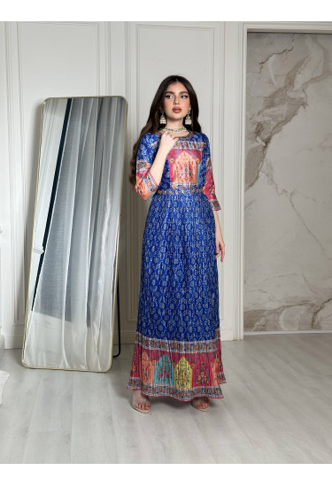 فستان ستان طويل بطباعات ذاهية