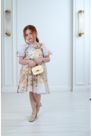 فستان أطفال مشجر أكمام قصيرة منفوخة 