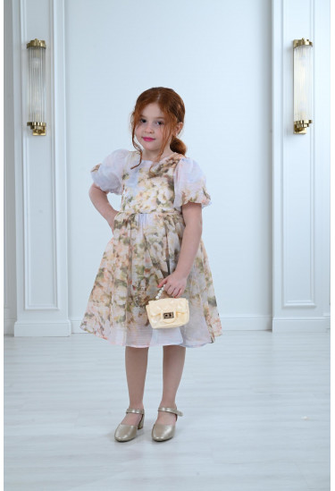 فستان أطفال مشجر أكمام قصيرة منفوخة 