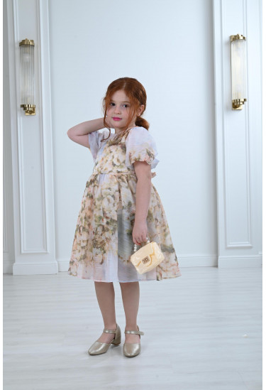 فستان أطفال مشجر أكمام قصيرة منفوخة 