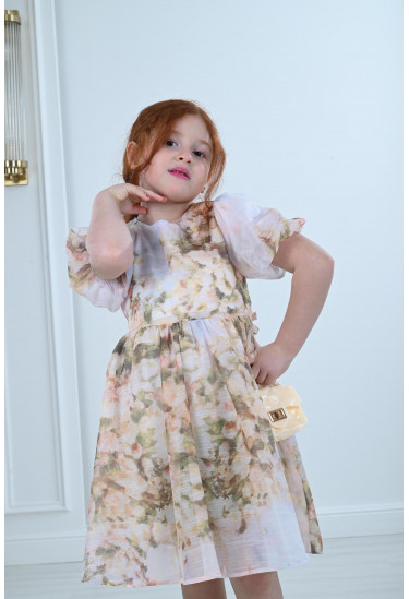 فستان أطفال مشجر أكمام قصيرة منفوخة 