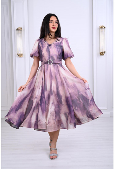 فستان ميدي منفوش بنمط كتل الألوان