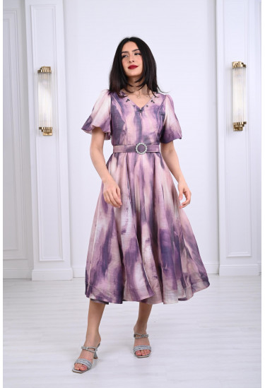 فستان ميدي منفوش بنمط كتل الألوان