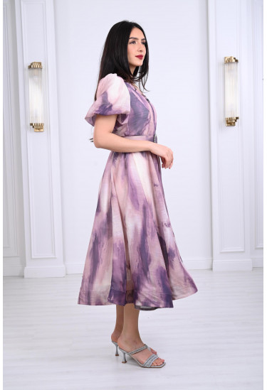 فستان ميدي منفوش بنمط كتل الألوان