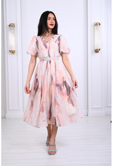 فستان ميدي منفوش بنمط كتل الألوان