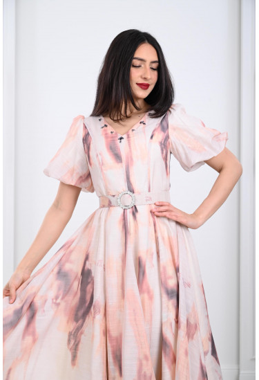 فستان ميدي منفوش بنمط كتل الألوان