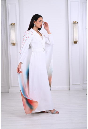 فستان أنيق بكاب طويل مطبوع فستان أنيق بكاب طويل مطبوع