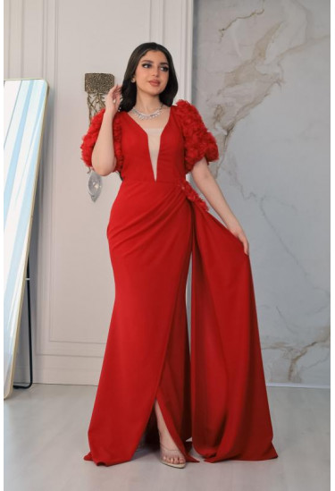 فستان سهرة نسائي بأكمام قصيرة