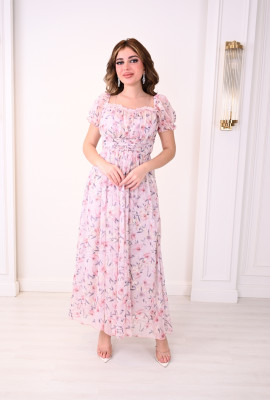 فستان طويل كم منفوخ ونقوش زهرية